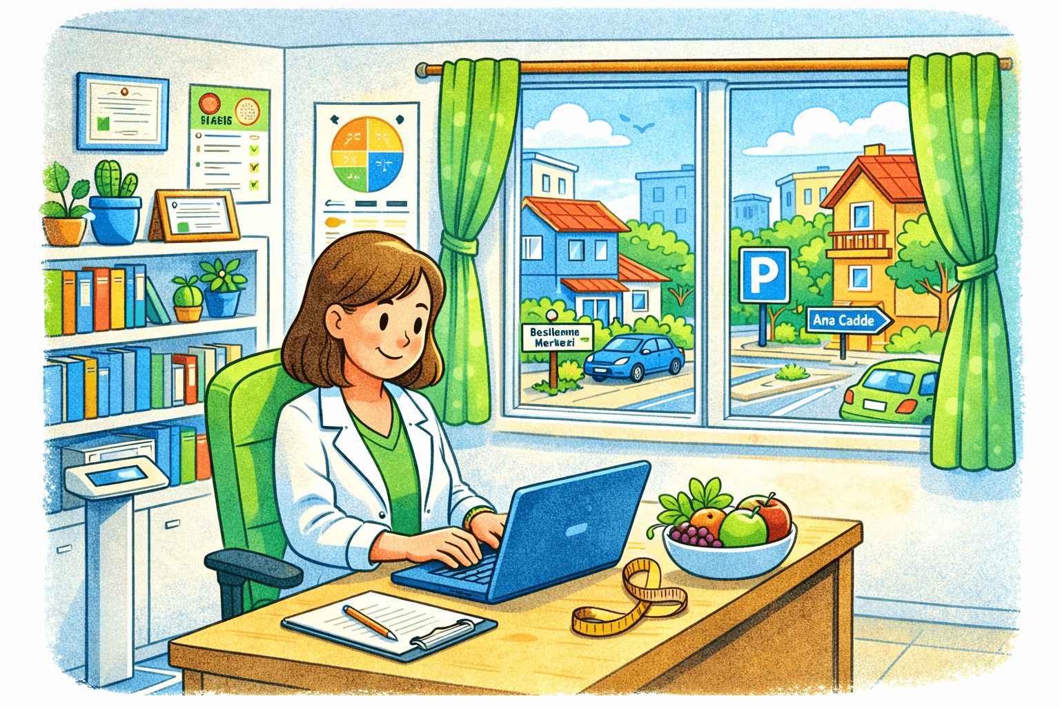 Camdan sakin bir mahalle manzarası görünen, mavi ve yeşil tonlarda sevimli ilustrasyon tarzında çizilmiş diyetisyen ofisinde bilgisayar başında çalışan bir diyetisyeni gösteren görsel.
