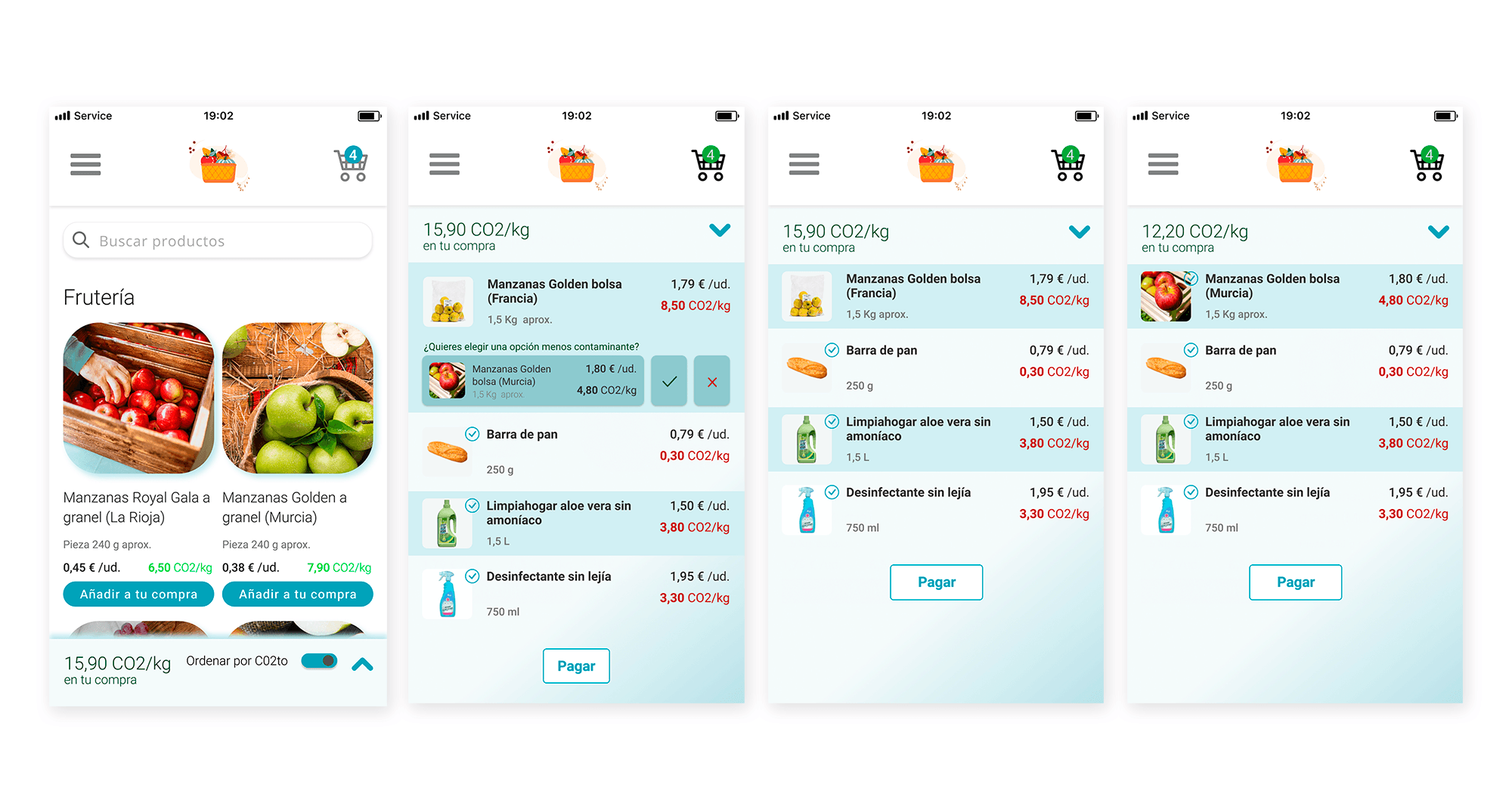 4 pantallas de la aplicación CO2to donde se representa el proceso de decisión por parte del usuario. En ella se puede ver una recomendación de un producto similar con menor consumo de CO2