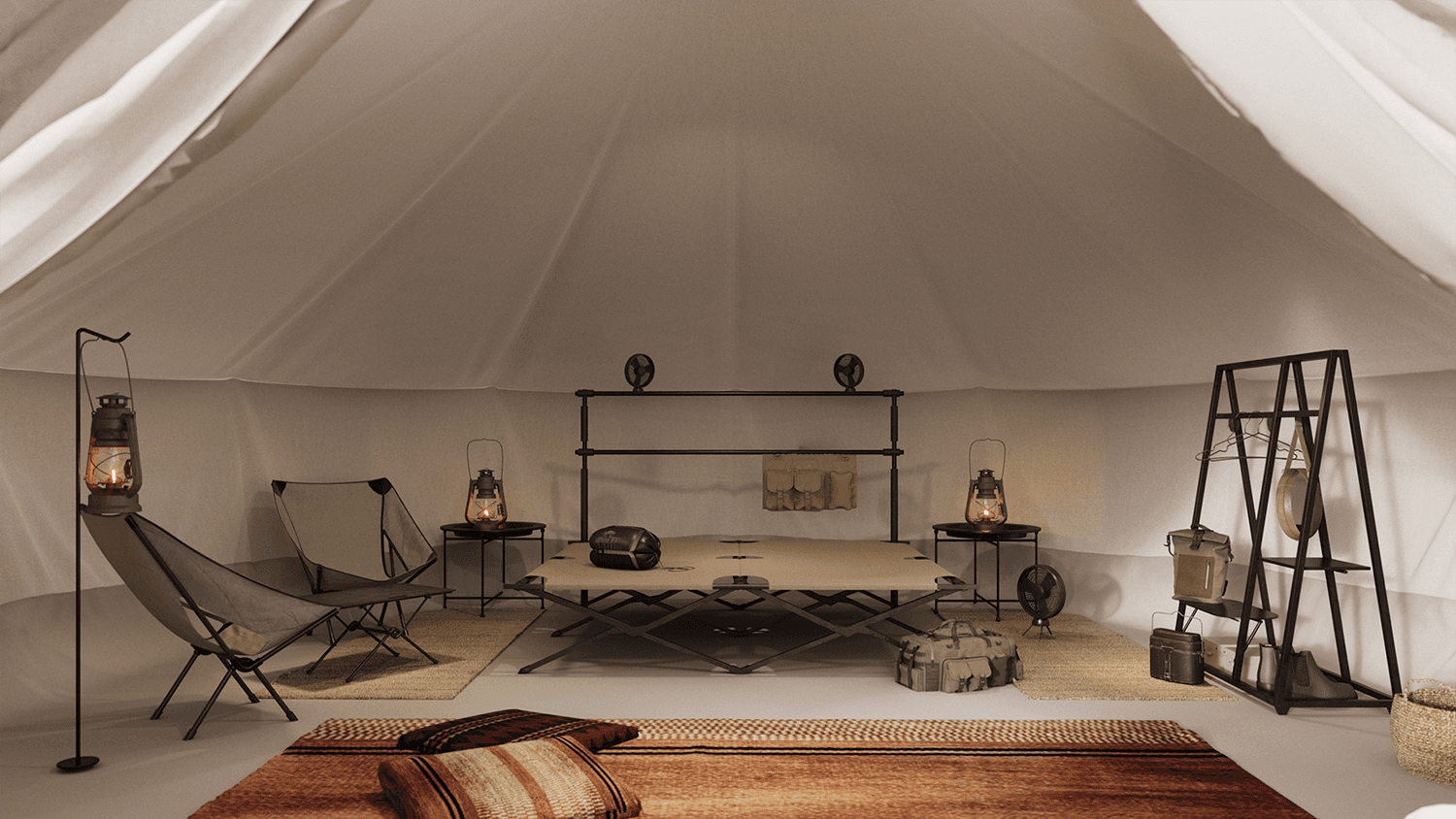 Interior view of a canvas tent wit a luxury interior, lounge and bedroom