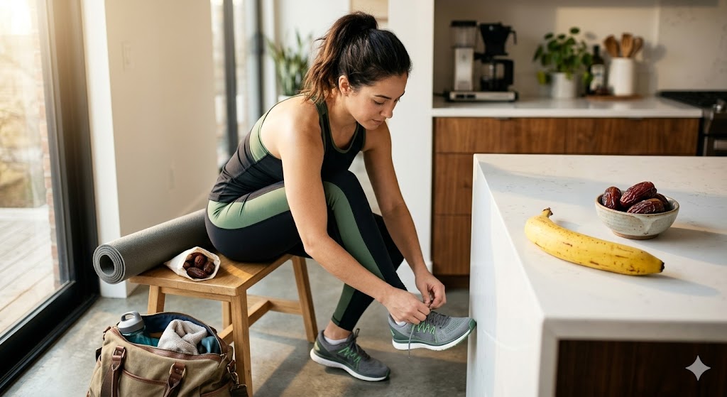 A woman in athletic wear sits in a modern kitchen, tying her sneaker laces for a pre-workout routine, with a banana and dates nearby and a gym bag.
