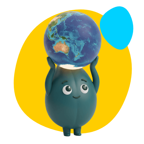 Thankyou Payroll's mascot holding the earth above their head. They are holding it above their head to protect it.