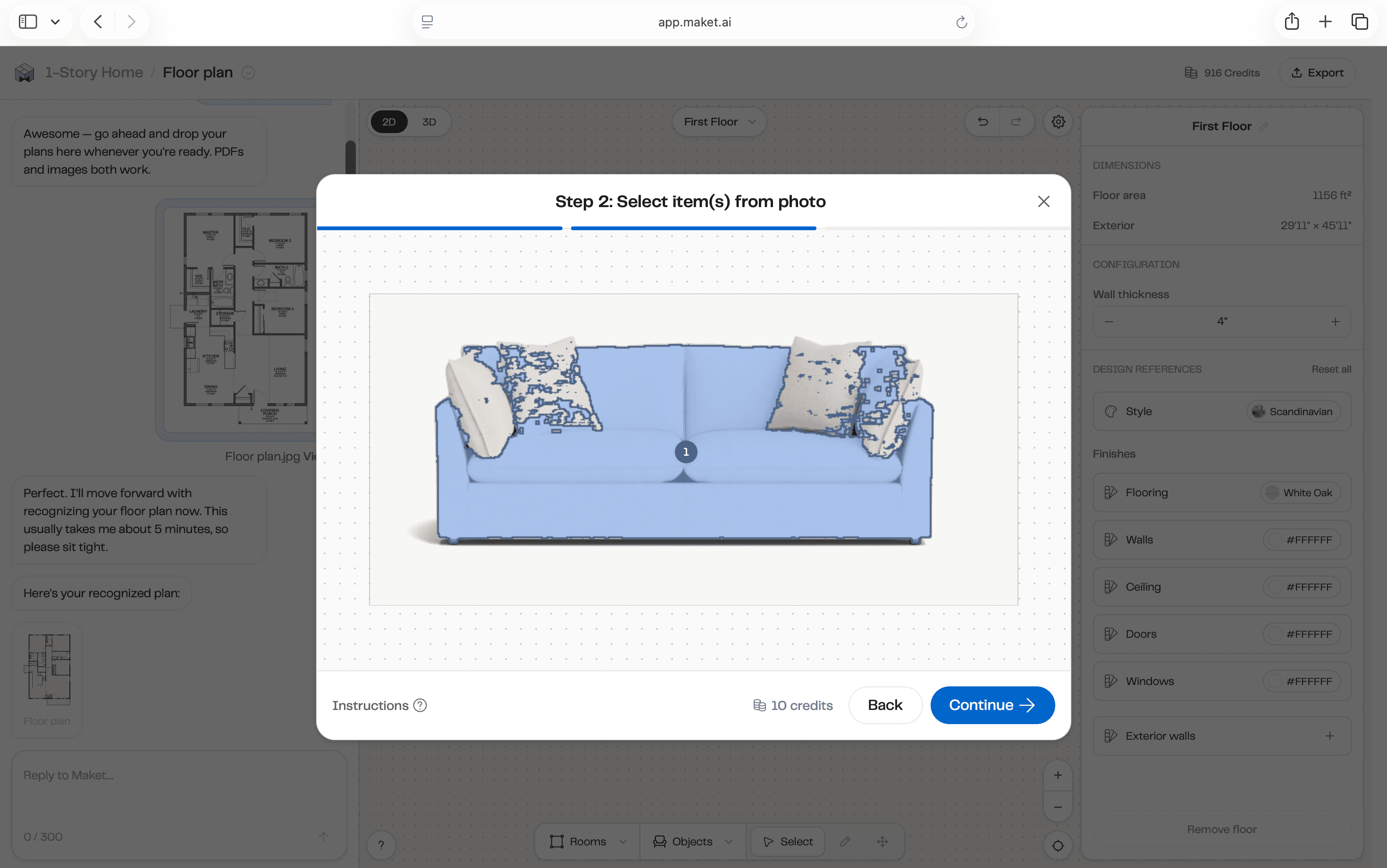 Official Maket screenshot showing a furniture selection in an uploaded photo