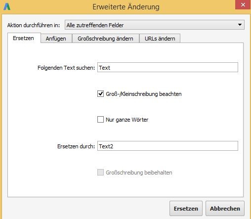 Fenster mit der Funktion „Suchen und Ersetzen“ im AdWords Editor