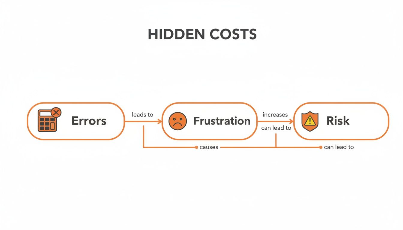 A flowchart diagram illustrating hidden costs: errors lead to frustration, which increases risk, and frustration also causes errors.
