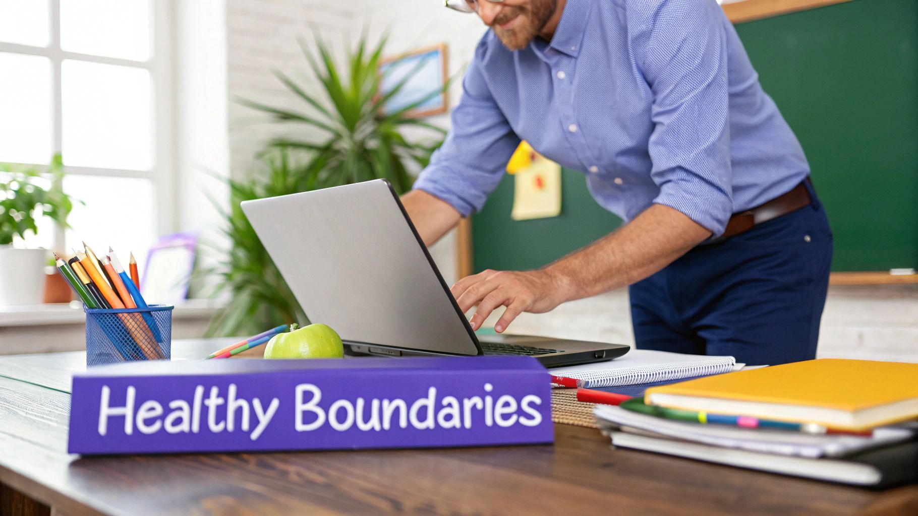 A teacher locking their classroom door at the end of the day, symbolizing the separation between work and personal life.