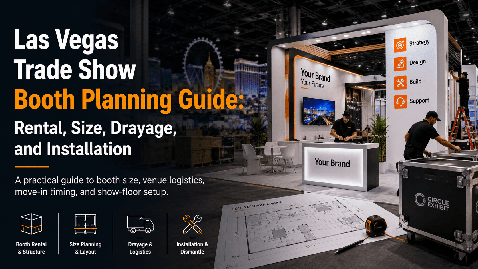 Las Vegas trade show booth planning guide showing booth size layout, rental structure, drayage timing, and installation sequence for convention exhibitors.