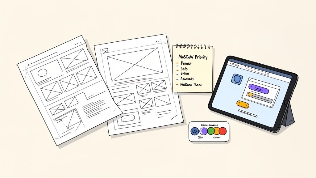 A flat lay of design tools including paper wireframes, a priority list, a tablet with a UI mockup, and a color palette.