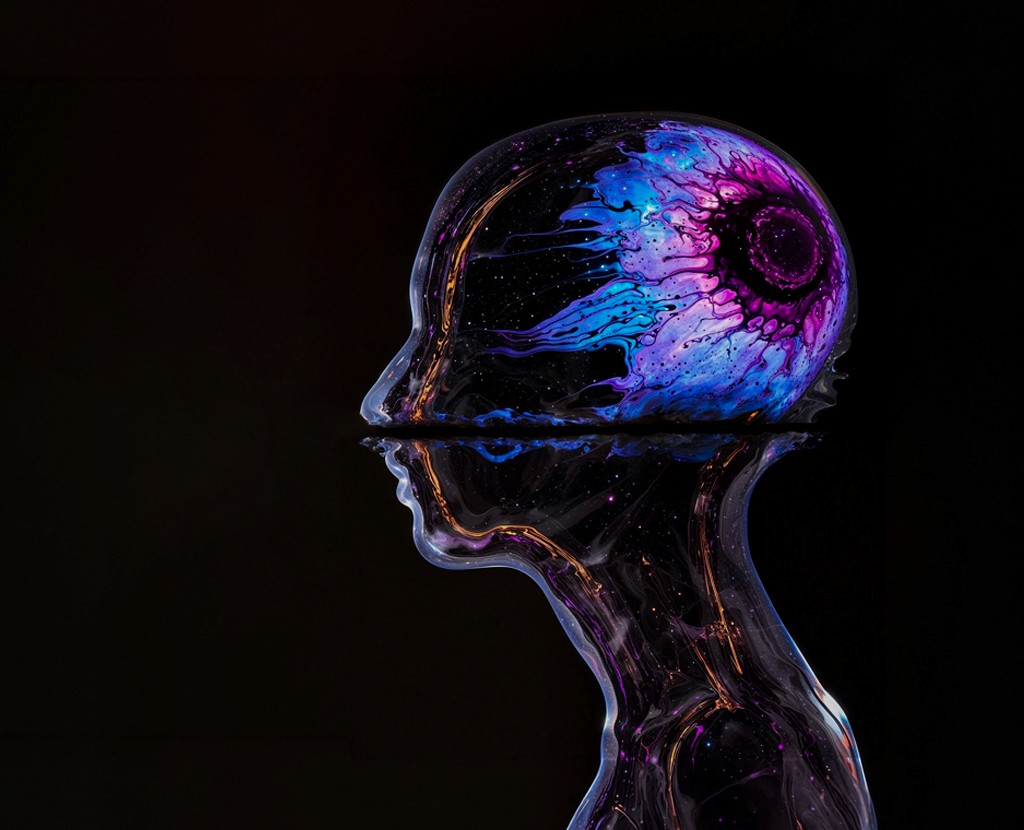 A surreal digital artwork of a transparent human figure shown in profile against a black background. The head appears hollow and filled with swirling cosmic colors, including bright blues, purples, and pinks. A large, circular nebula-like burst radiates from the back of the head. The figure’s body contains glowing streaks resembling constellations or energy channels, giving the impression of a cosmic or ethereal being.