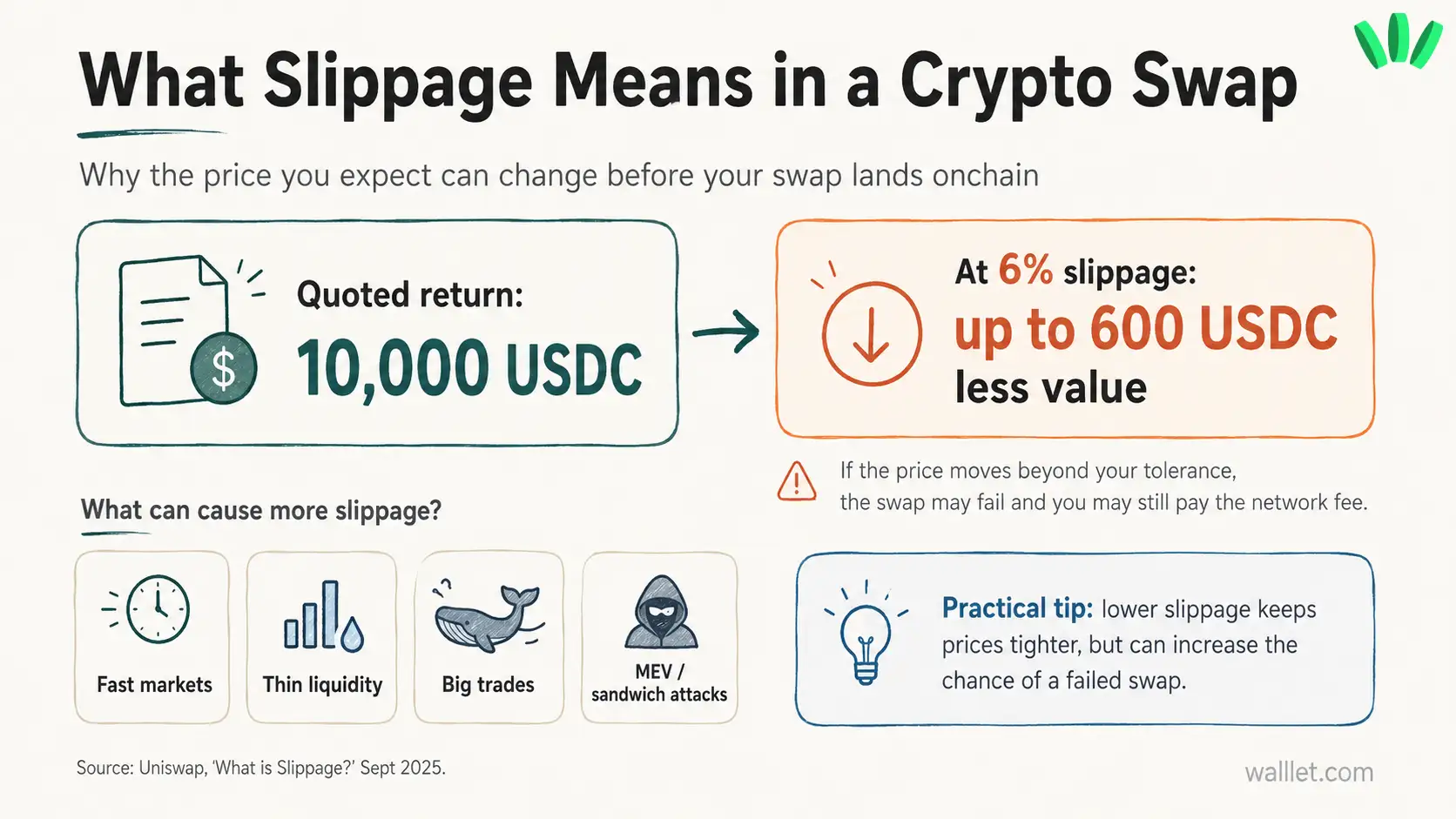 Crypto swap slippage explained with a 10,000 USDC example showing how 6% slippage can mean up to 600 USDC less value