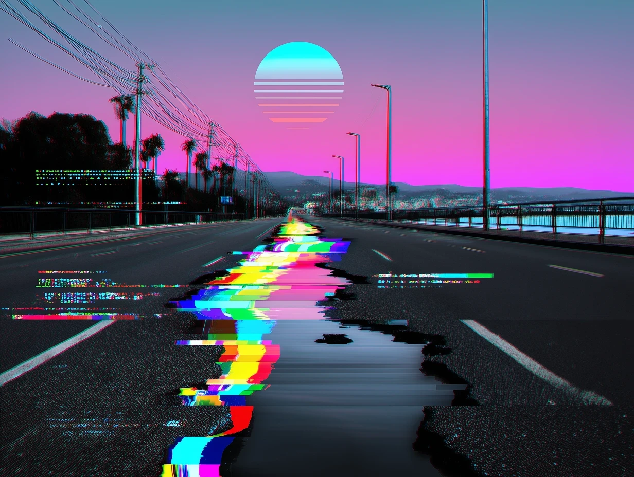 Neon-lit urban street scene at night