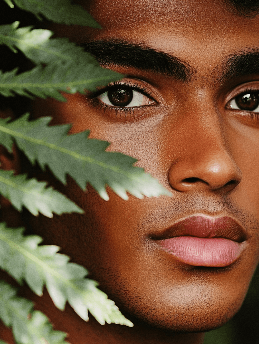 Portrait of a person peeking through green ferns, showcasing rich skin tones and a serene expression.