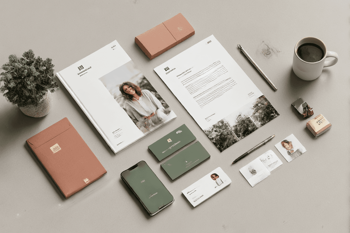 Assortment of branding materials, including brochure, business cards, phone, mug, and other stationary items.