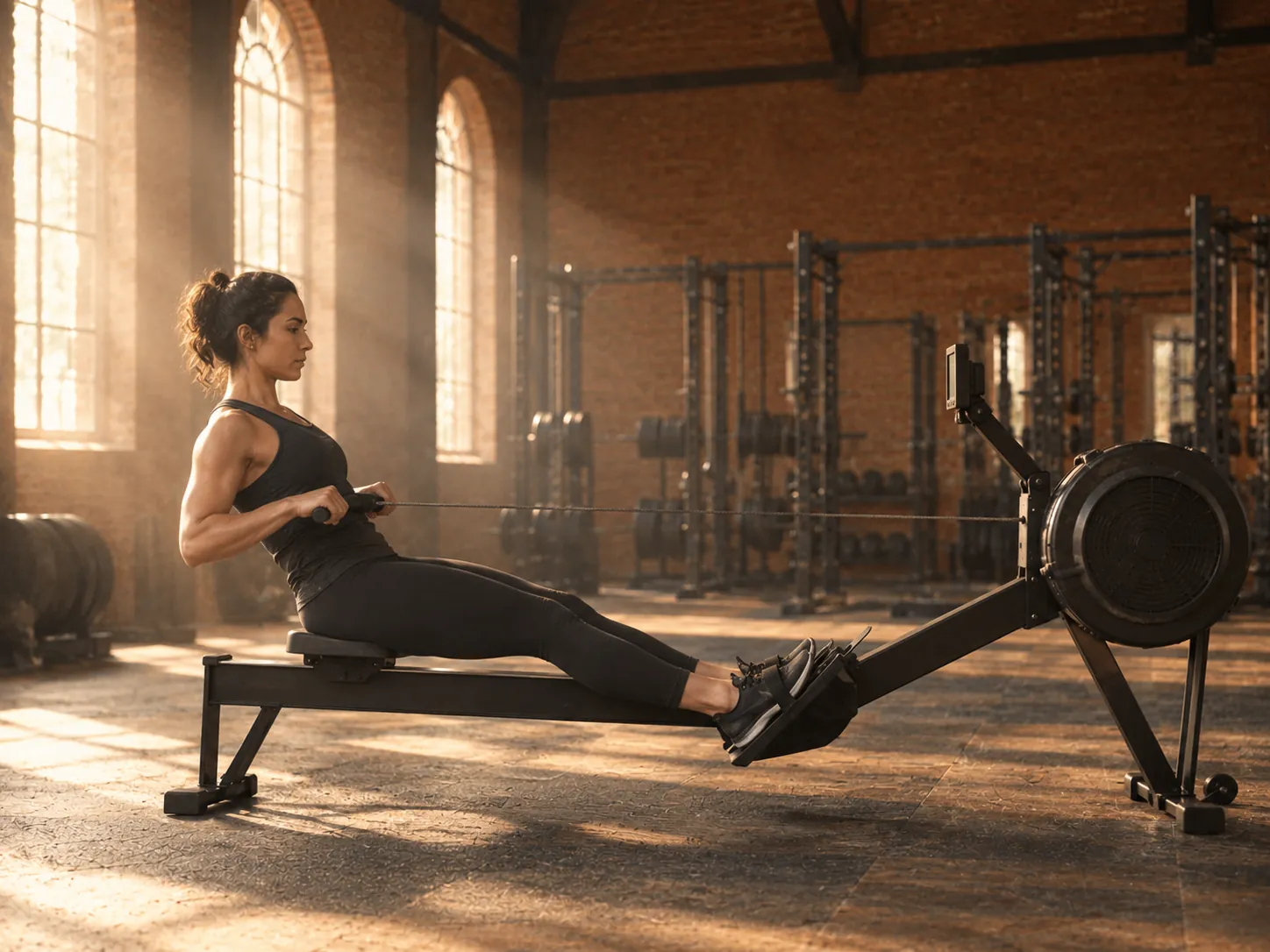 A member on a rowing machine in the main hall