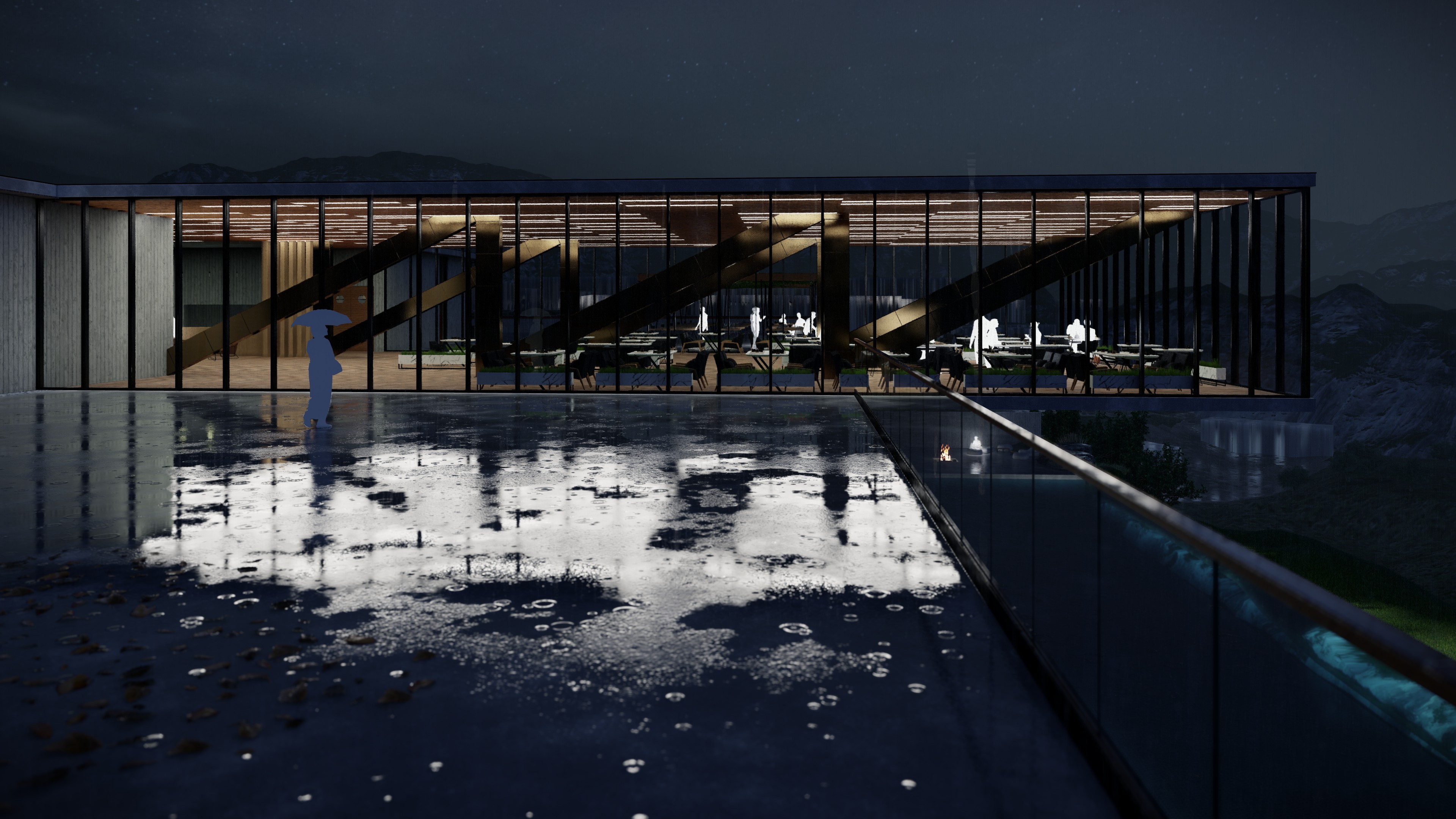 Nighttime architectural visualization of a modern valley-view hotel with glass façade and illuminated interior, reflecting on a rain-soaked terrace surface, highlighting atmospheric lighting and minimalist design.