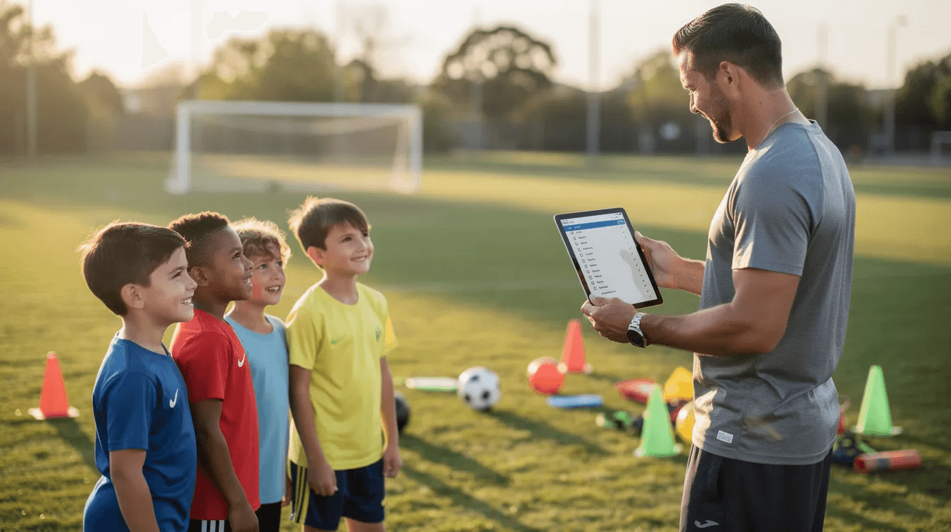 A coach is checking attendance on a tablet next to a small group of children engaged in a sports activity. This scene highlights the importance of attendance tracking and registration management, showcasing how sports club management software can streamline the process for coaches and enhance organization within kids' classes.
