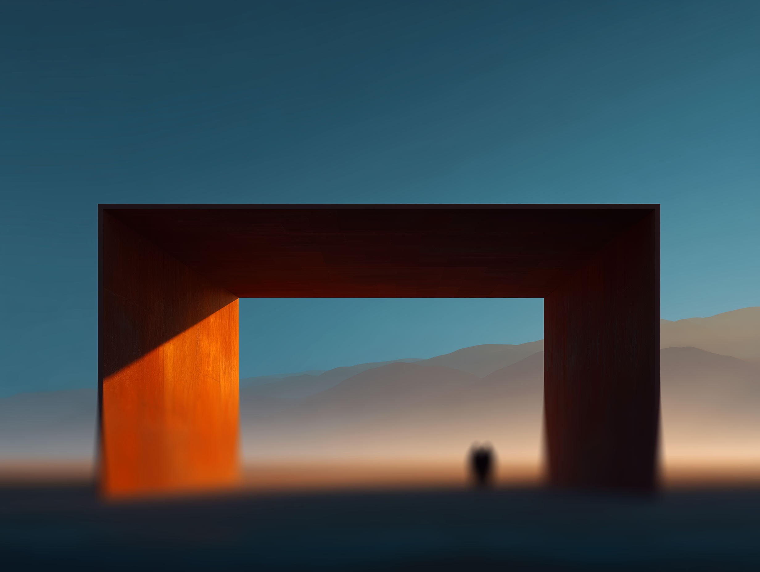 A monumental open-air pavilion standing alone in the desert at dawn, long shadows cutting across the sand.