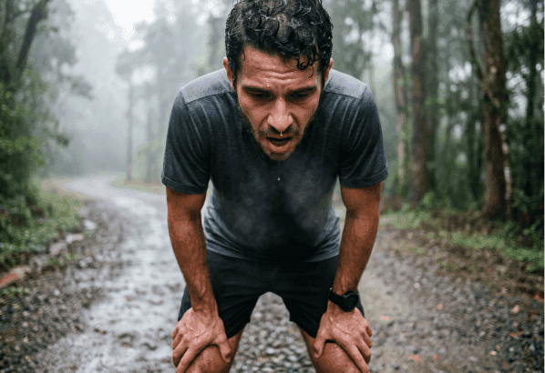 Corredor cansado durante treino, respirando com dificuldade após tentar acelerar demais.
