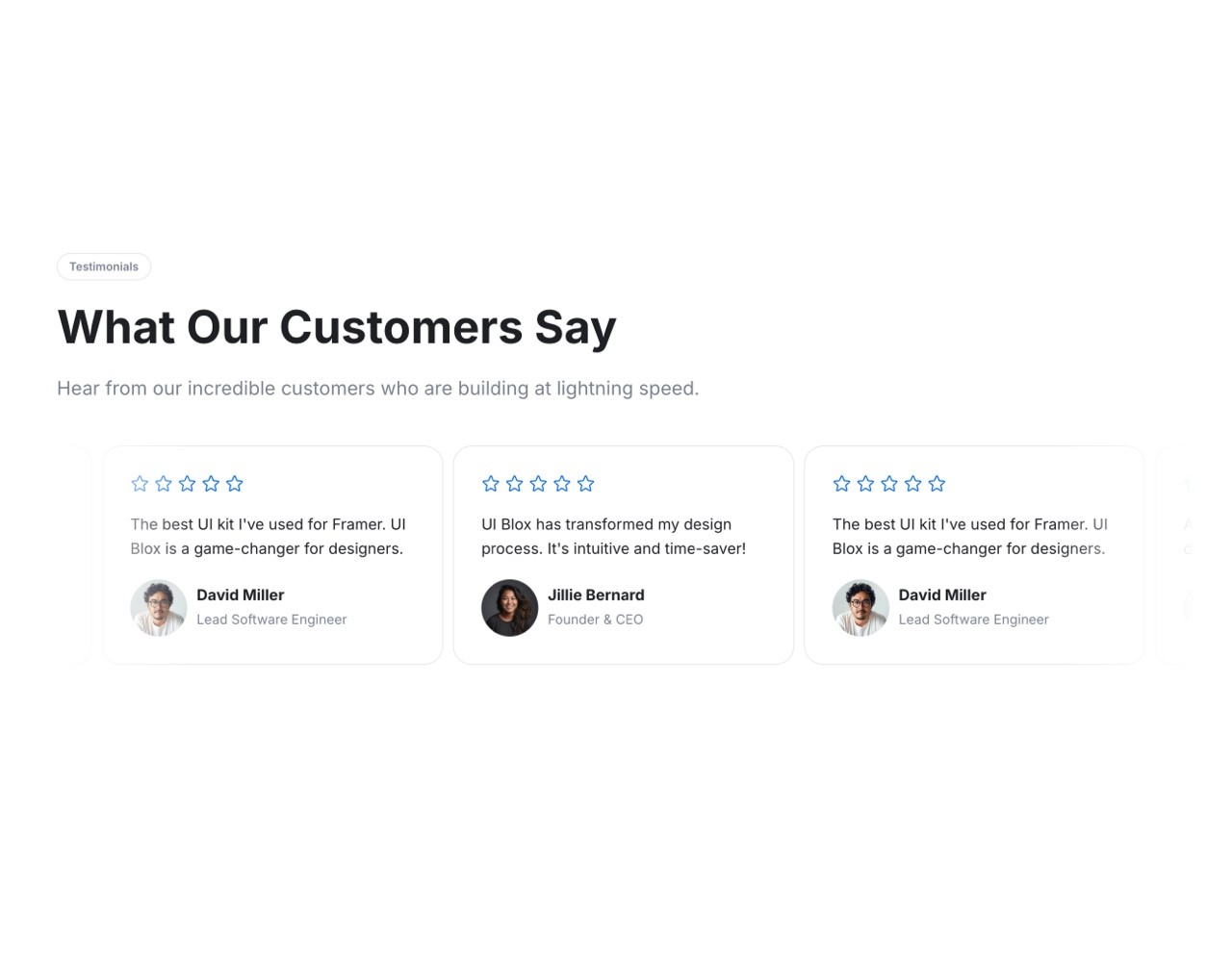 Framer Testimonials Section - Frameblox UI