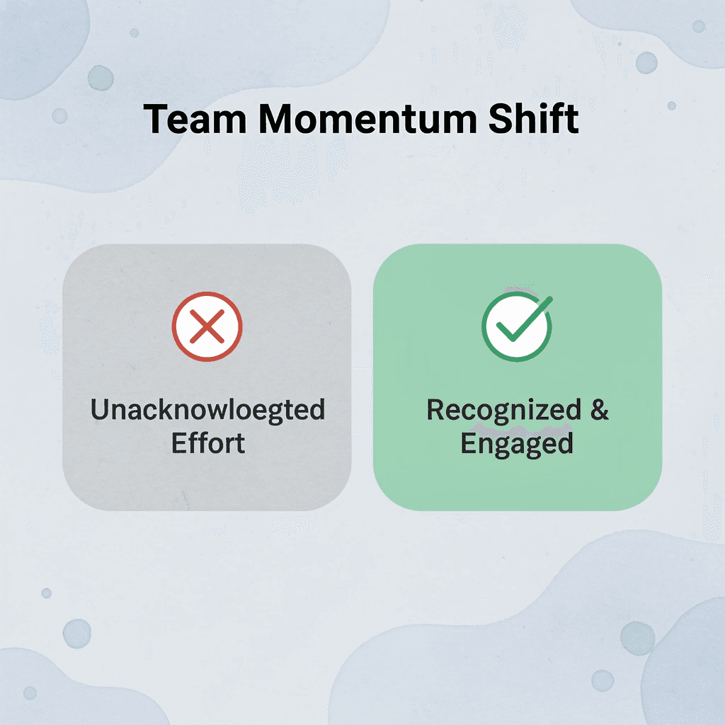 Before and after infographic showing team shift from unacknowledged effort to recognized engagement