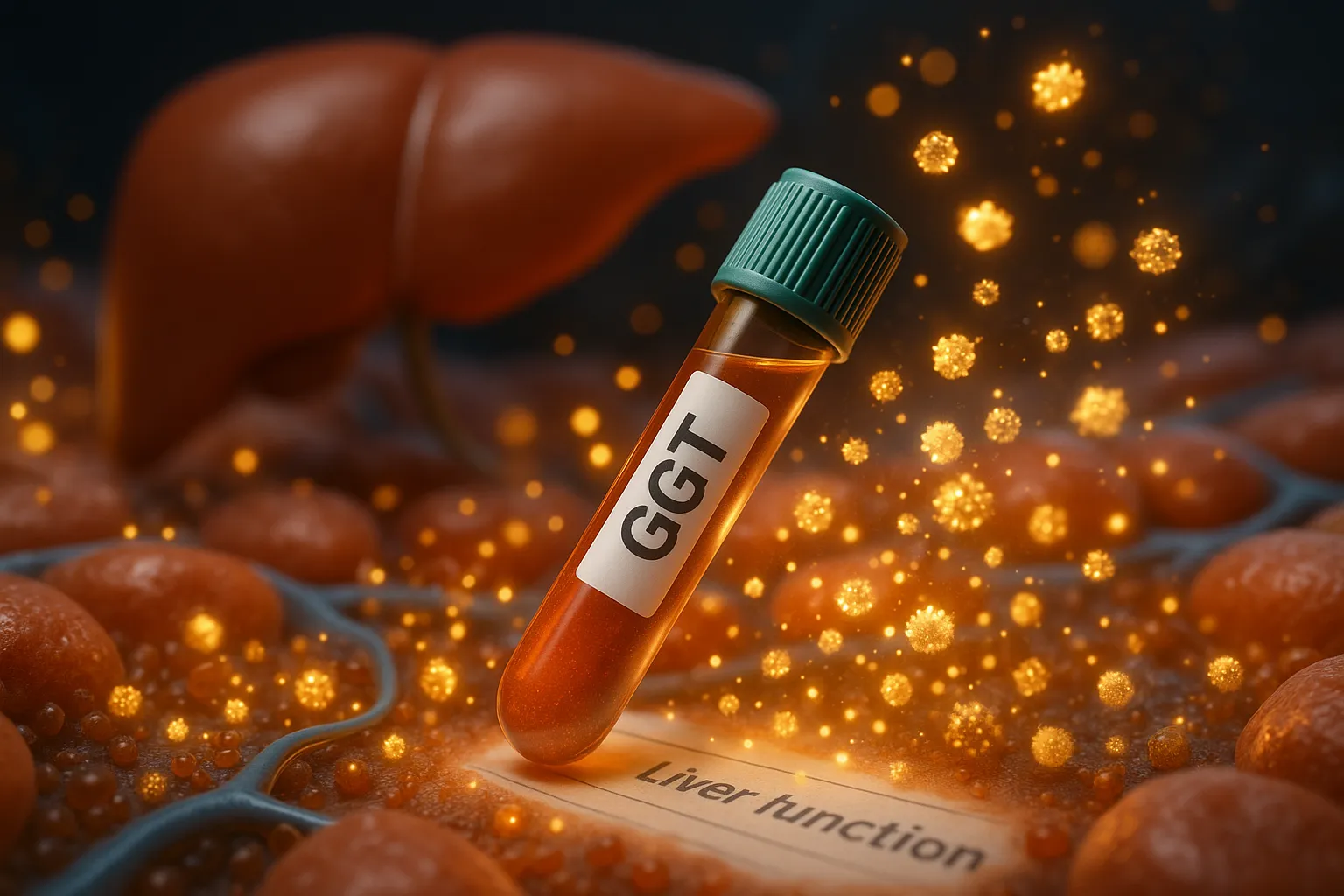 CGT - GGT blood sample tube over a field of liver cells with glowing golden particles