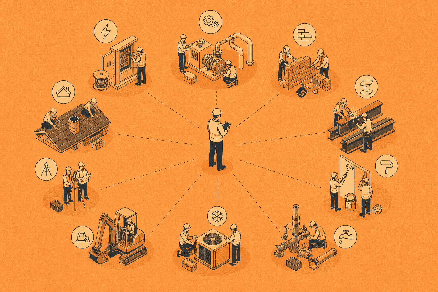 Subcontractor managemnet. A construction management worker reviewing subcontractors work illustration