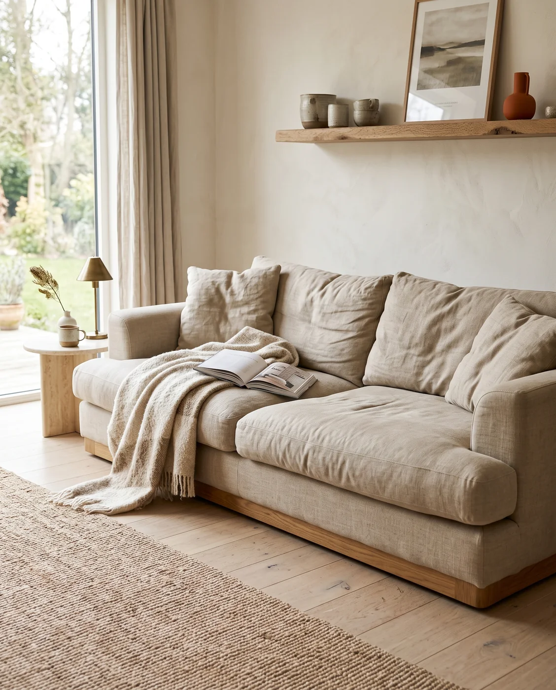 A linen sofa in a quiet room with a throw