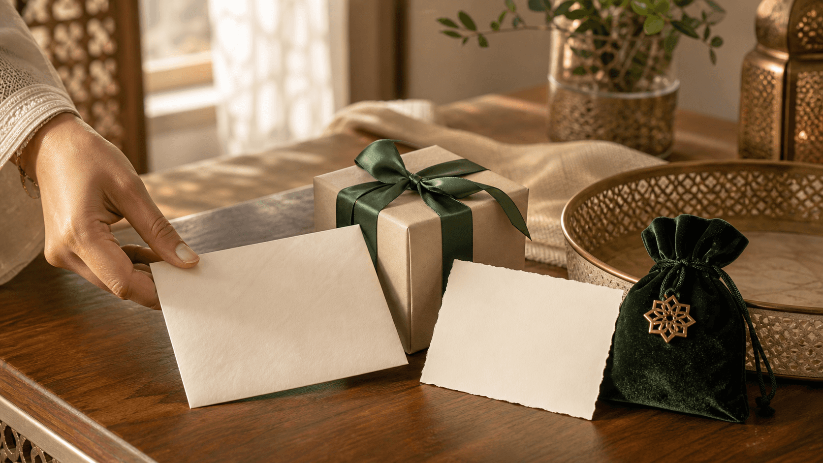 Eidi cash beside a wrapped Eid Mubarak gift, a blank card and a keepsake pouch on a warm table