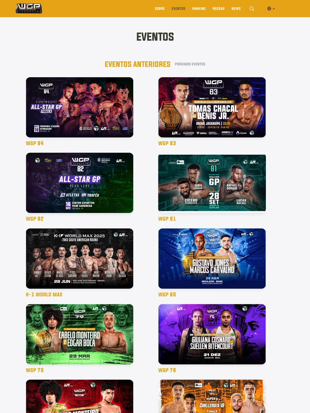 Página de eventos do site do WGP Kickboxing no computador