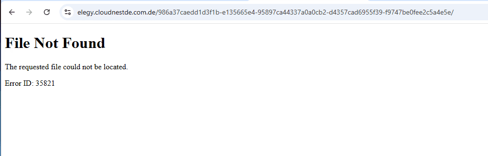 Eine Webseite mit der Fehlermeldung 'Datei nicht gefunden' und dem Hinweis 'Die angeforderte Datei konnte nicht gefunden werden. Fehler-ID: 35821.'.