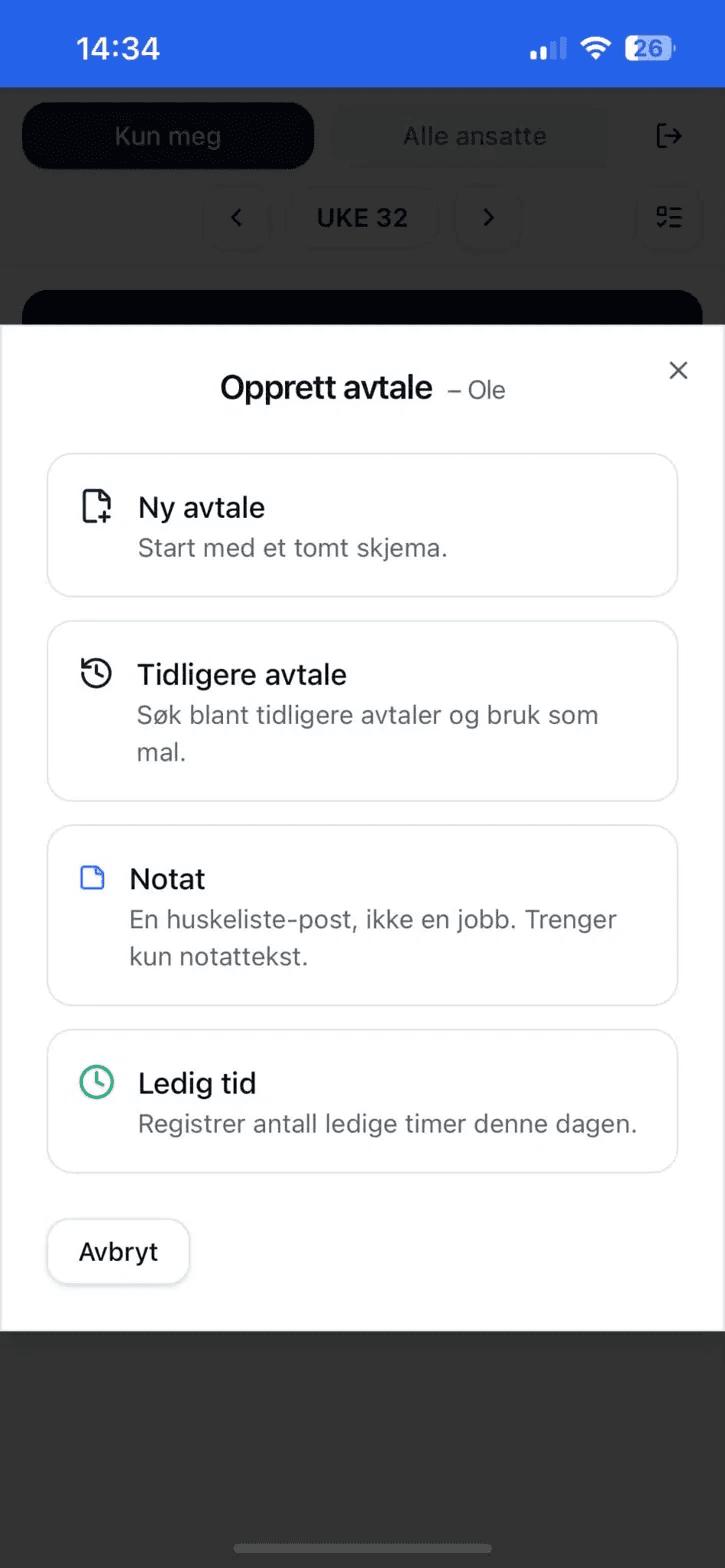 Mobil opprett avtale-dialog