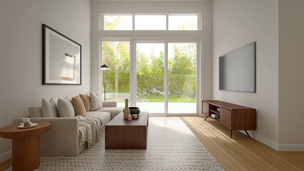 Modern living room with a beige sofa, wood coffee table, TV, and large glass doors to a garden.