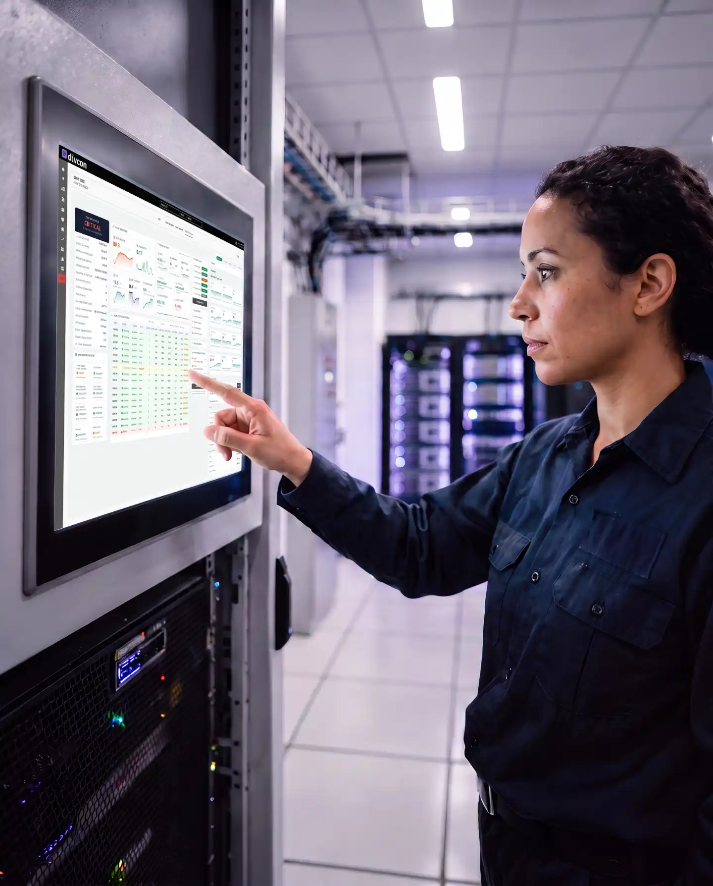 Technician crouching at an open control panel, rendered as a purple halftone