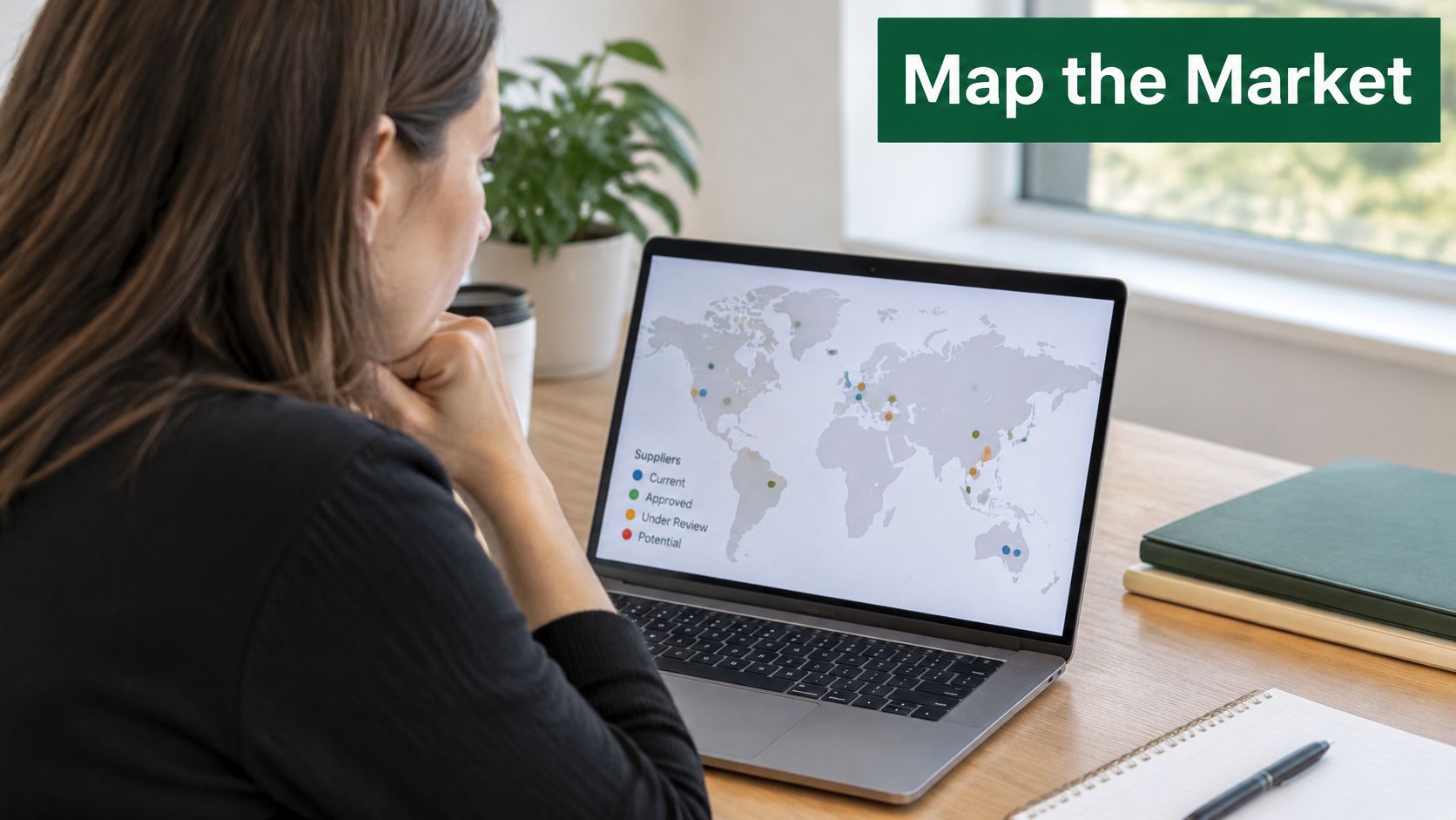 A professional woman viewing an interactive world map dashboard on a laptop for strategic supply chain management.