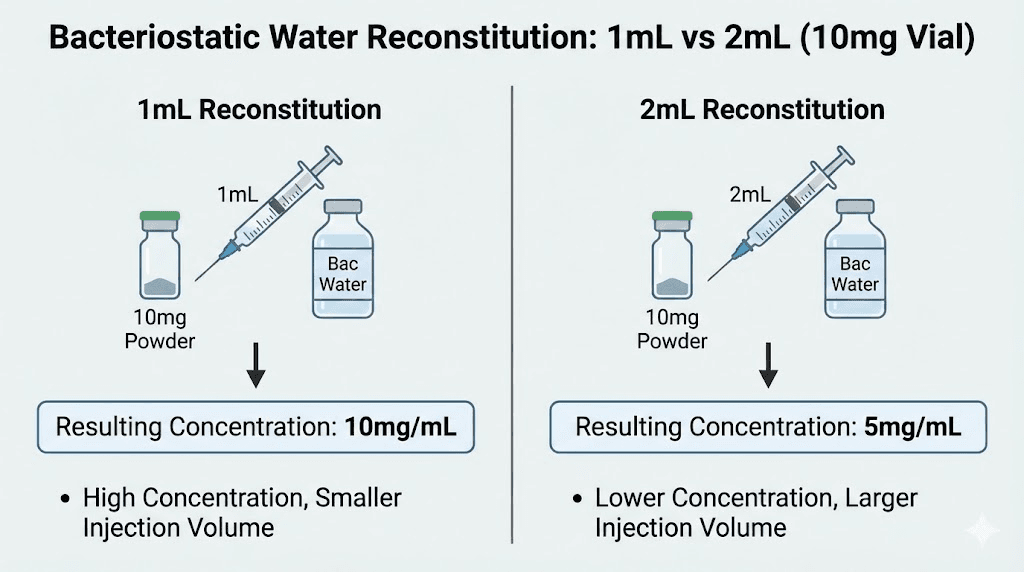 Retatrutide reconstitution comparison chart showing 1mL versus 2mL bacteriostatic water volumes