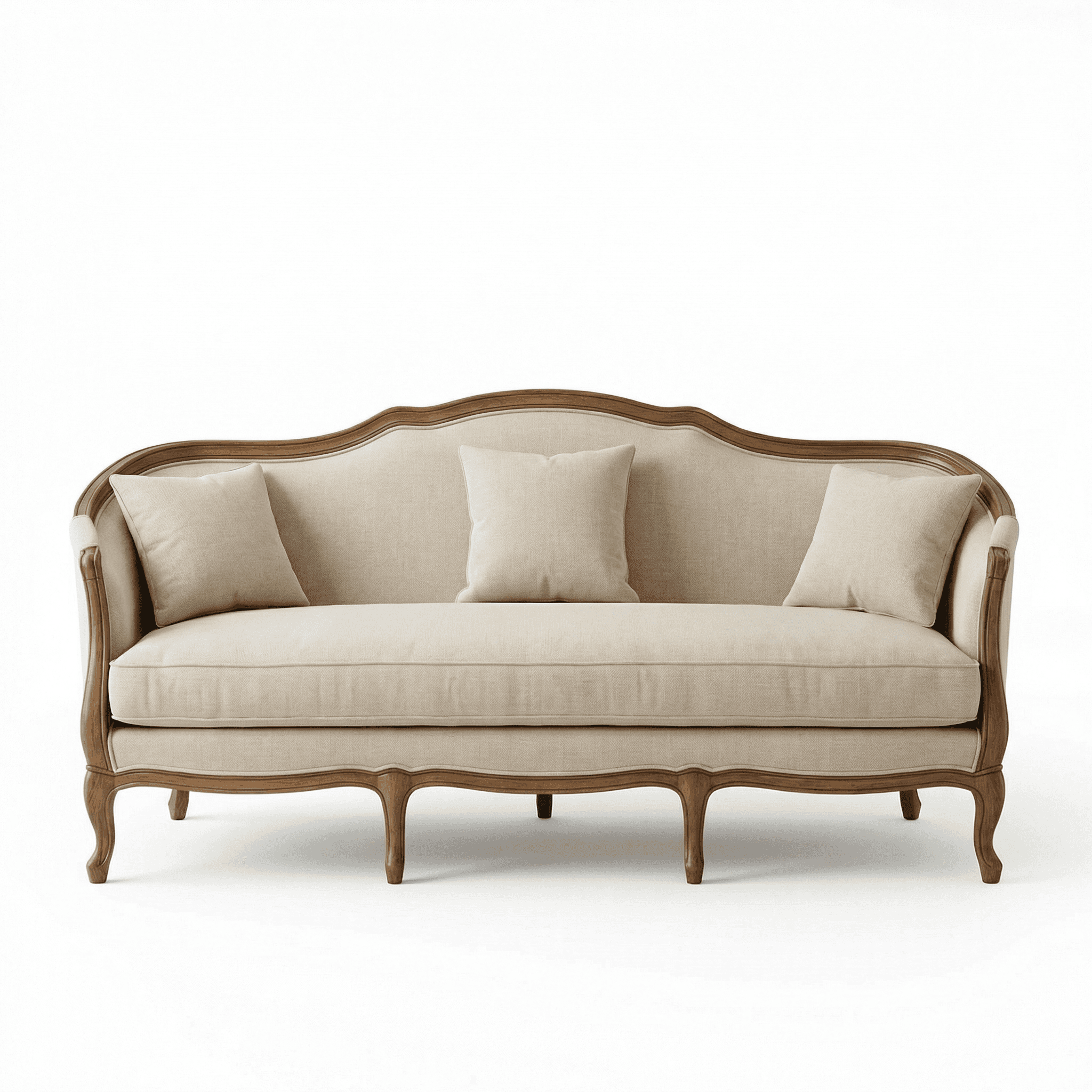 Low‑profile classic sofa with relaxed cushions and gently curved wooden frame