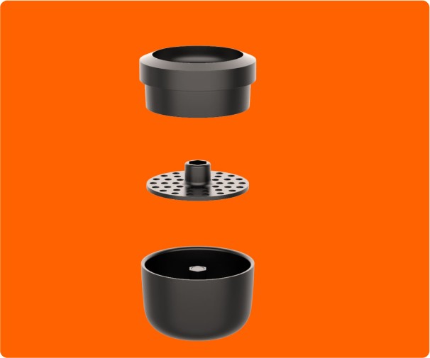 xploded view of a cannabis grinder, showing the internal components such as the teeth, collection chamber, and lid, highlighting the detailed engineering and design.