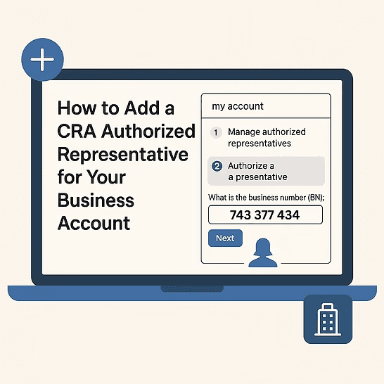 Step-by-step guide on how to add a CRA Authorized Representative for a Canadian business account on a laptop screen
