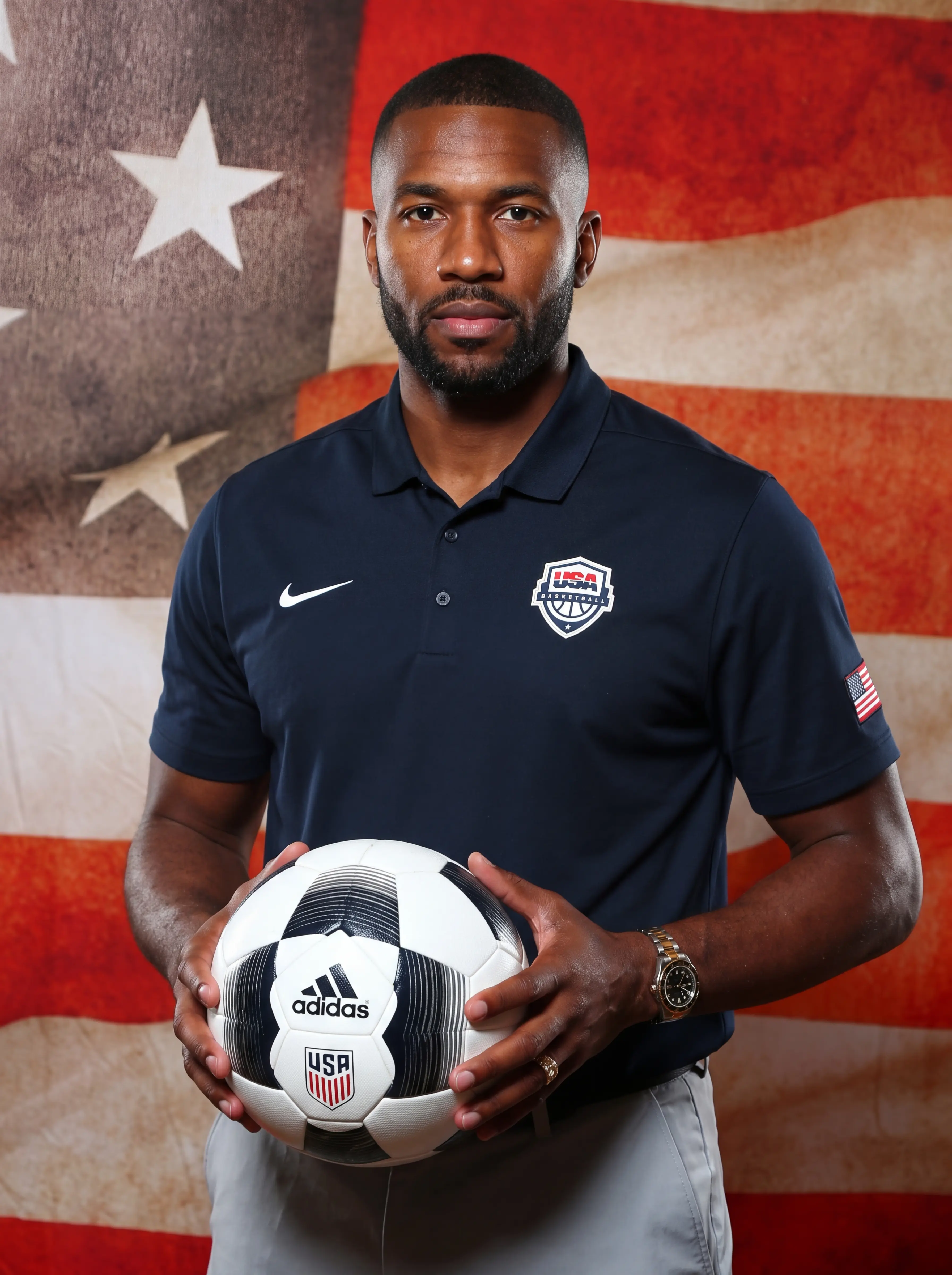 Portrait photo of a sports coach infront of USA Flag