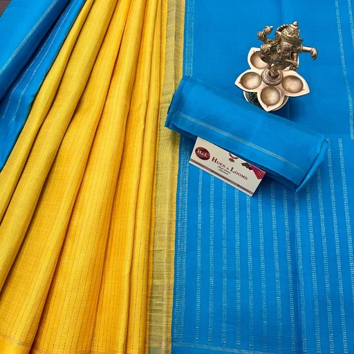 Bright Yellow and Blue Kanchivaram Silk Sare