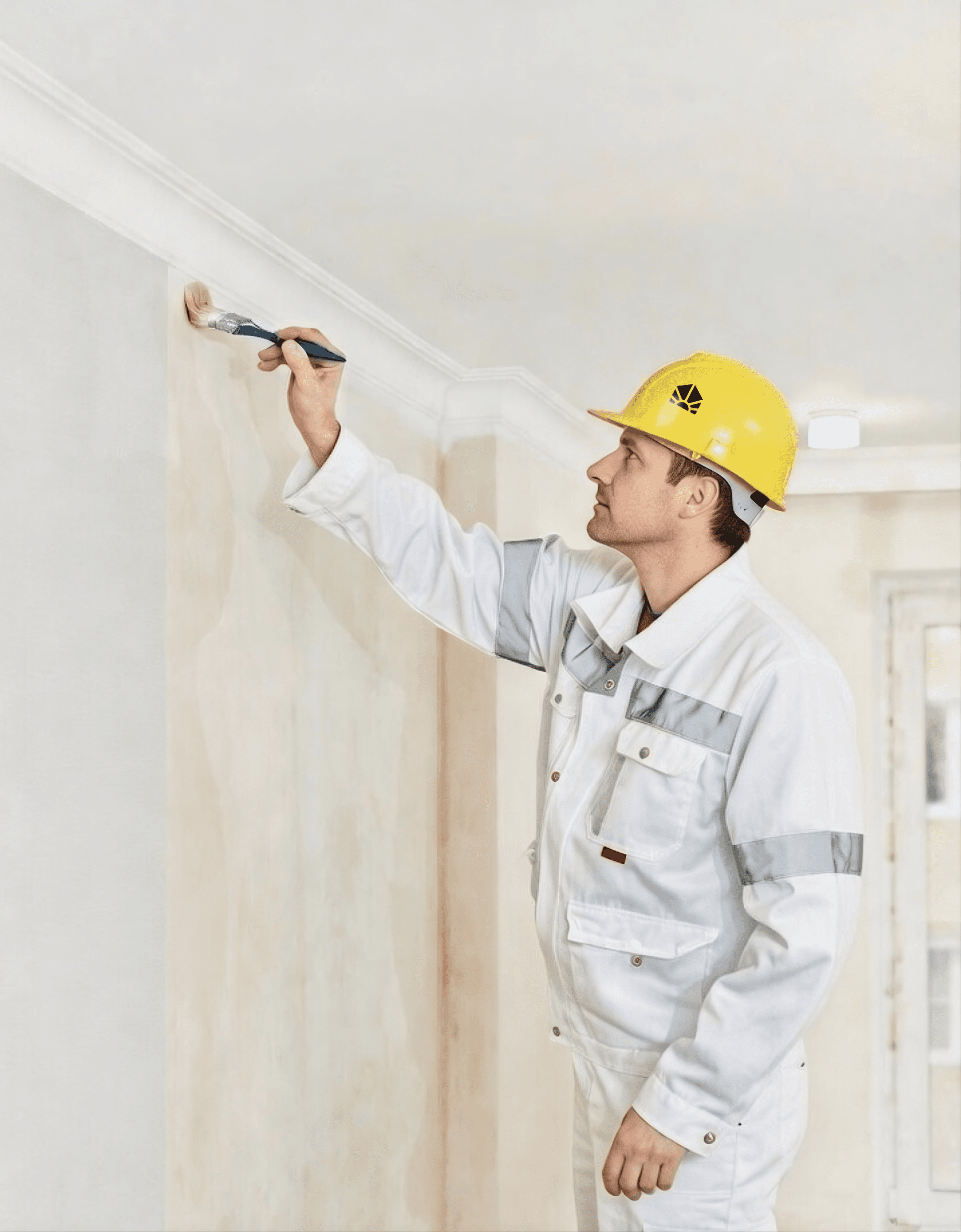 Ein Arbeiter mit Schutzhelm streicht eine Decke mit einer Farbrolle und trägt einen weißen Overall.