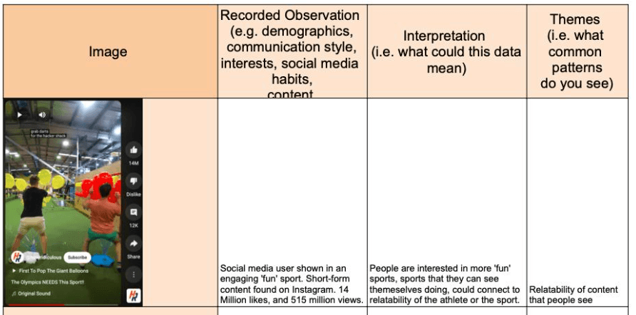 Screenshot from student raw data of online ethnography, showing the format used to record data fragments; Recorded observation, interpretation, and themes