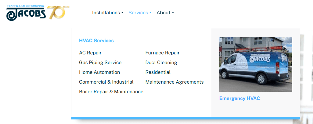 hvac website drop-down menus