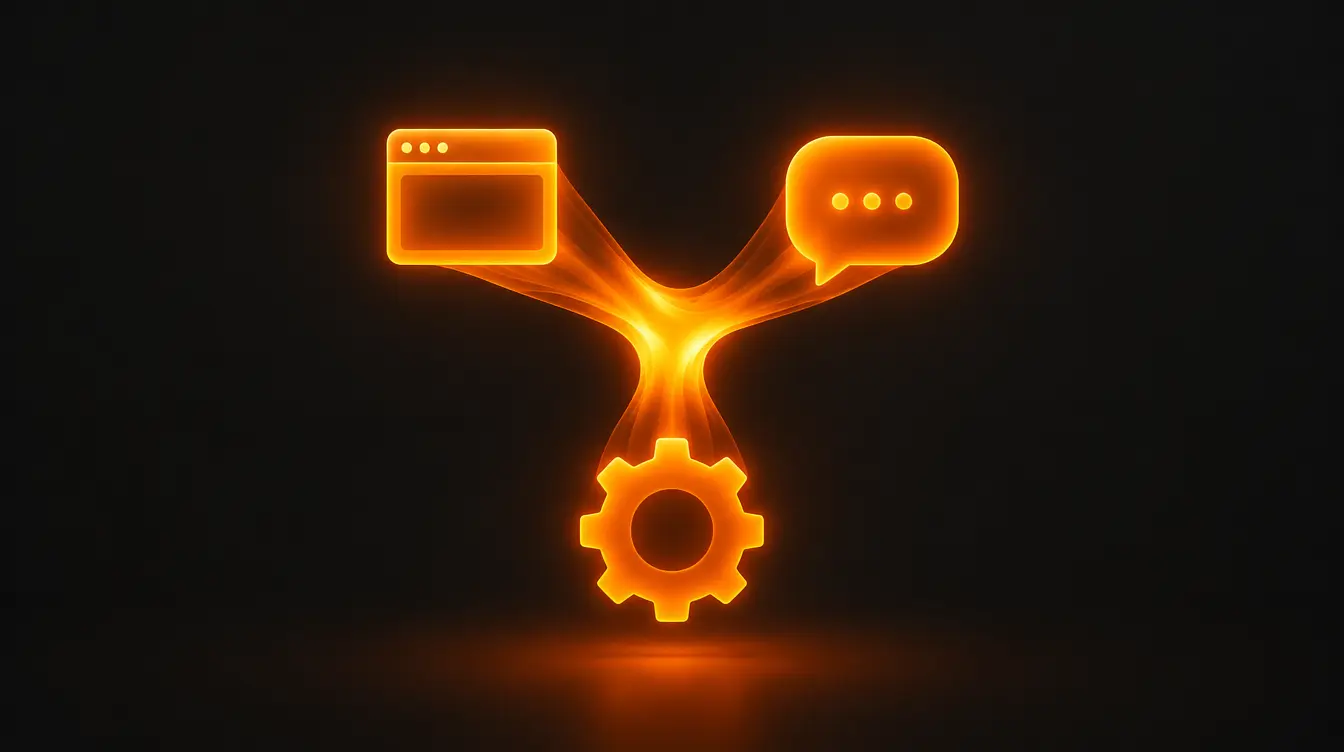 Three glowing shapes — a browser window, a chat bubble and a gear — converging into one unified form SEO Title: Why I Build Websites, AI and Automation as One System