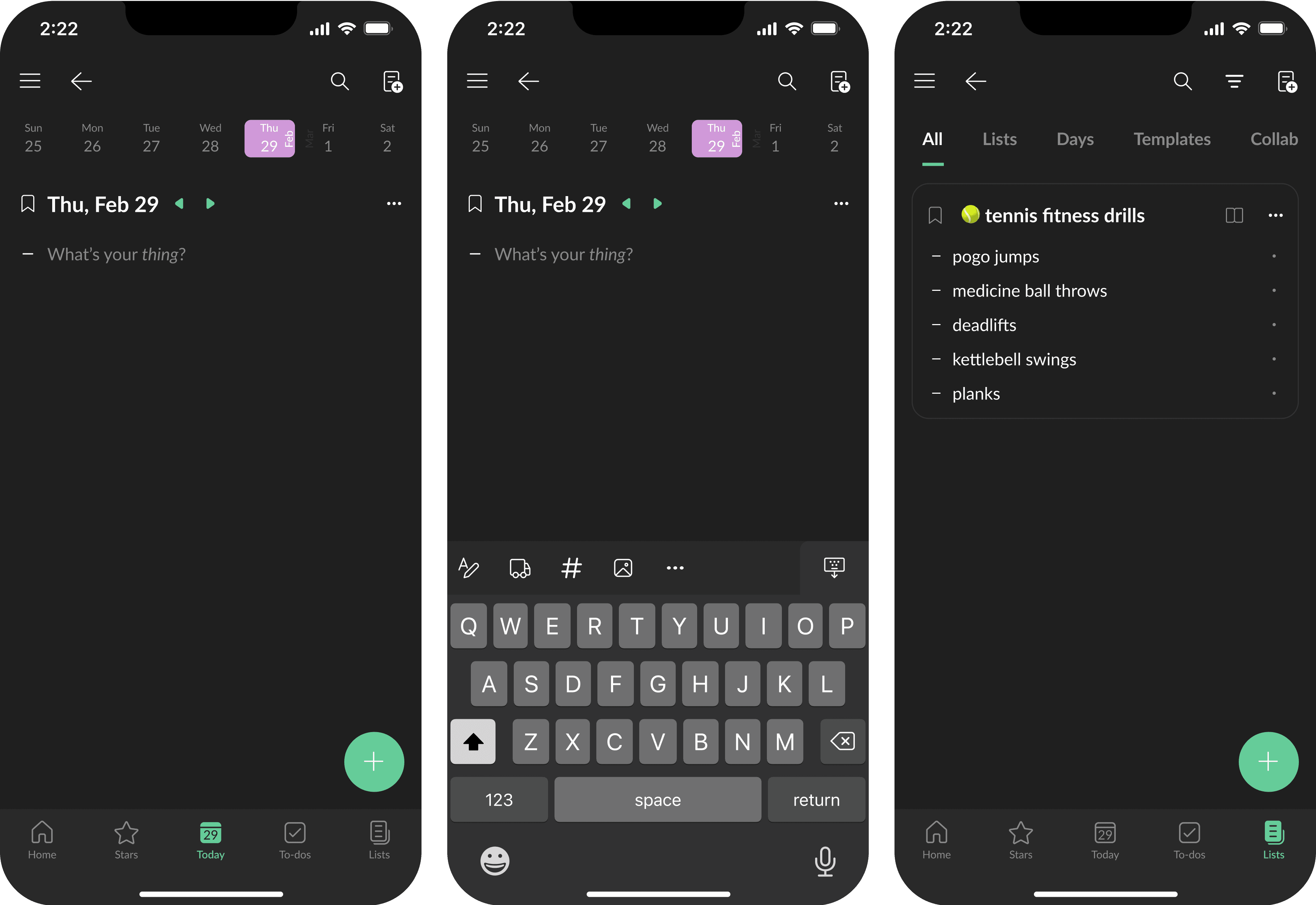 Key screens from Twos iOS mobile app: Today and Lists