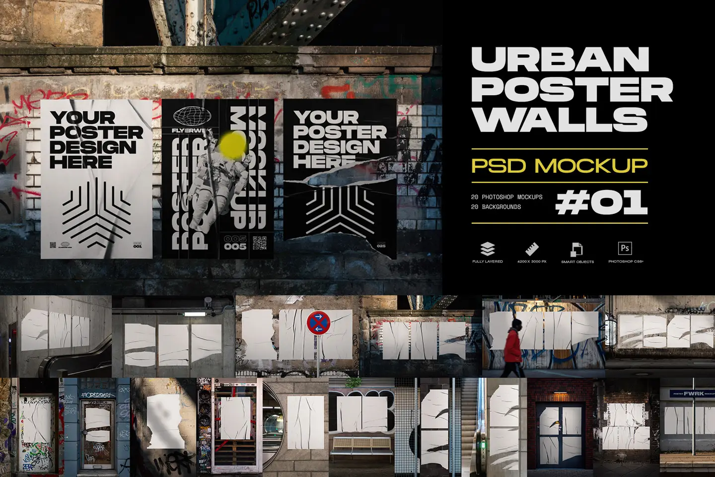 Urban poster wall mockups volume one showing posters on gritty city walls