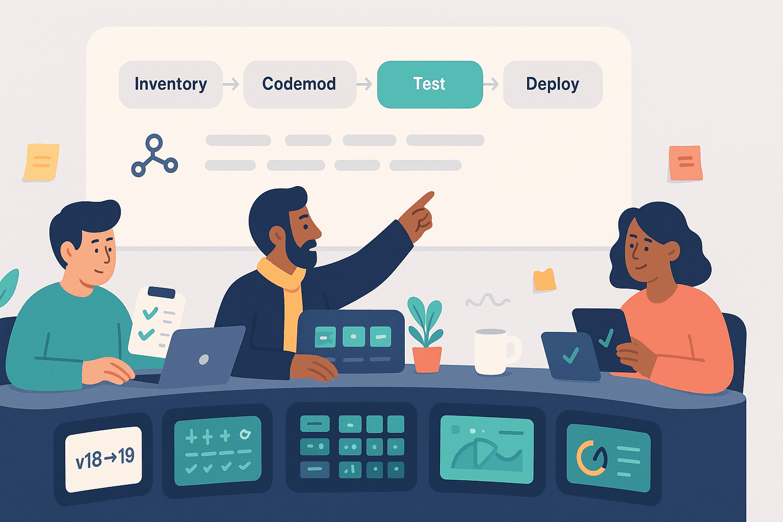 “Three developers in a modern mission-control style room reviewing the React migration pipeline, with a large screen showing Inventory, Codemod, Test, and Deploy steps and console panels displaying v18 → v19, test gauges, and dependency icons.”
