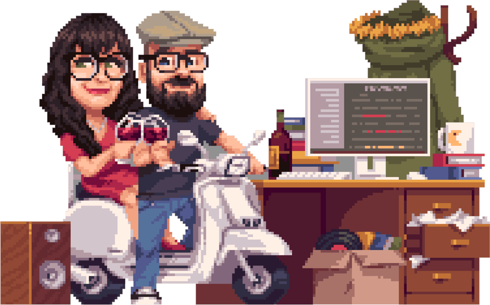 Pixel art of Jonas Strandell and his wife Josefine on a vespa scooter