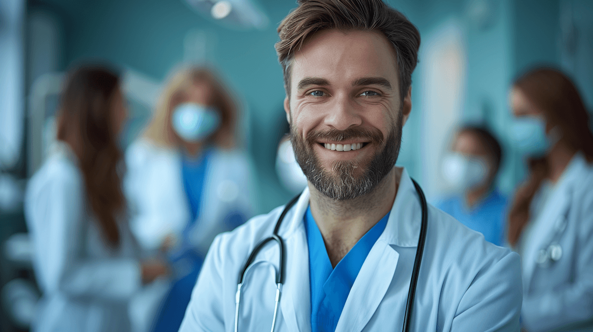 Smiling male doctor with a beard and stethoscope stands in focus, wearing a white coat and blue scrubs, with a blurred team in the background in a medical setting.