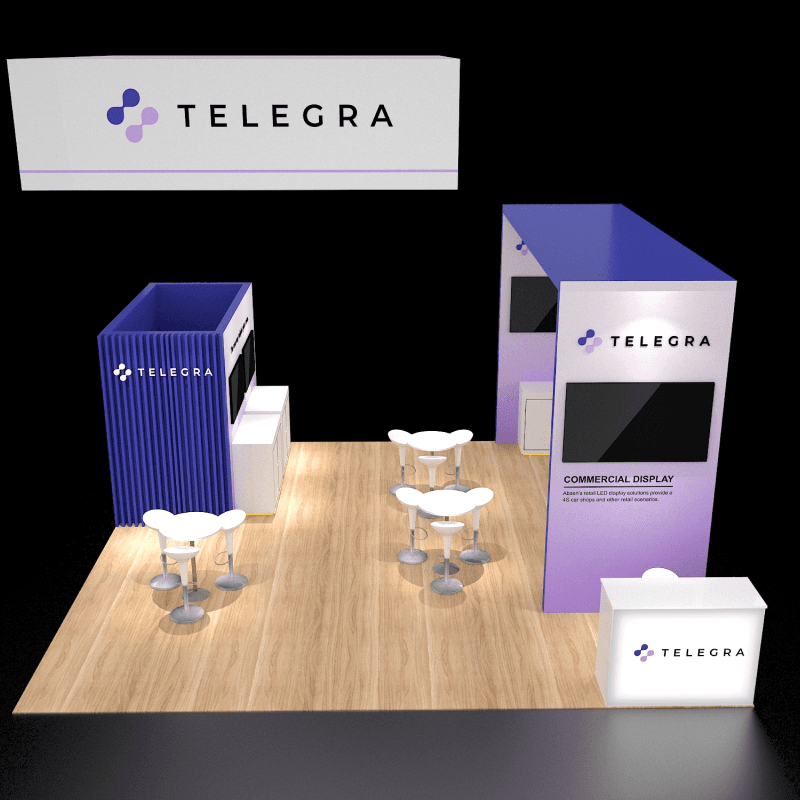 20x20 island booth design for multi-station product demonstrations