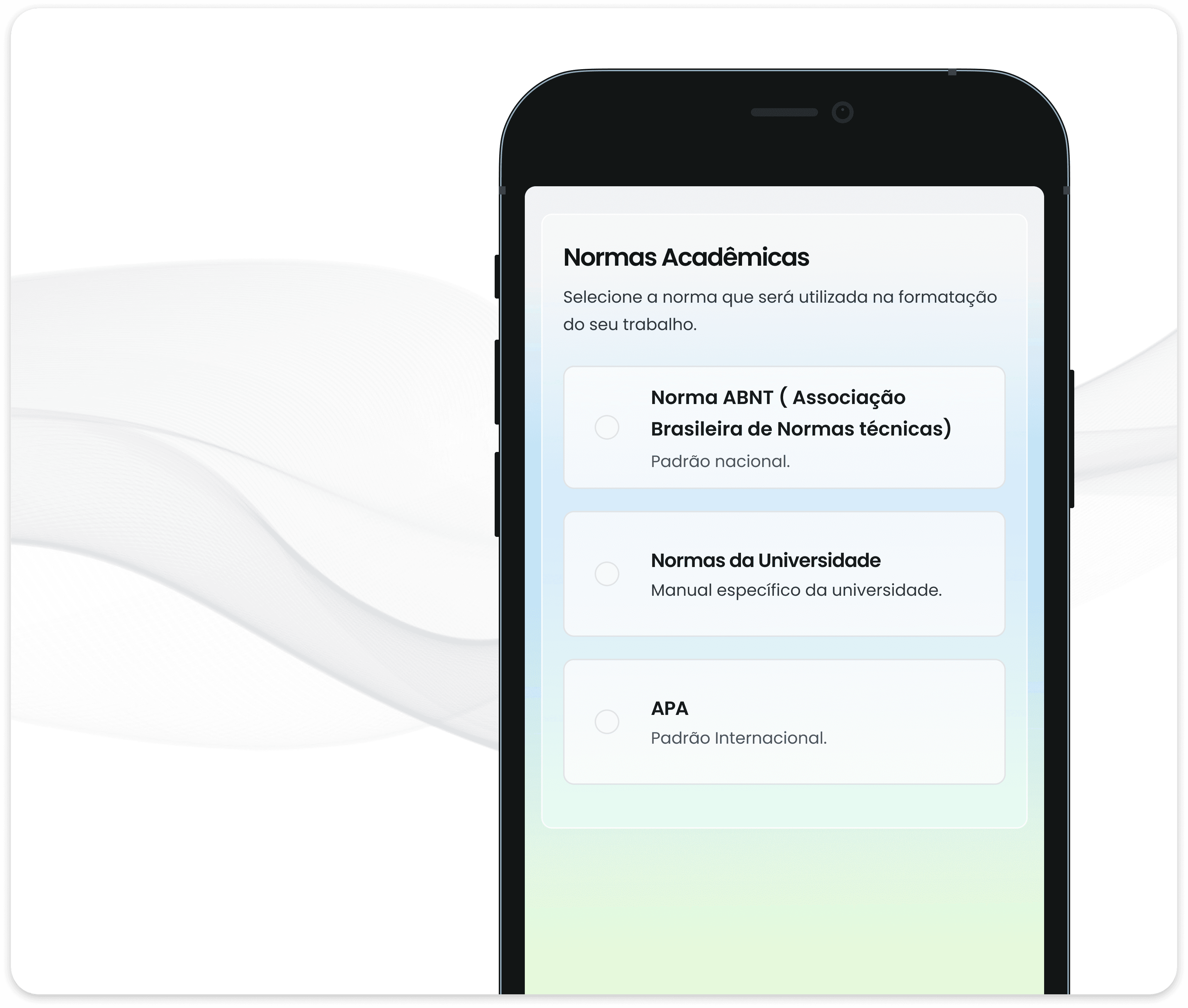 Mockup em close de um smartphone exibindo um menu de opções de formatação acadêmica, com destaque para 'Norma ABNT